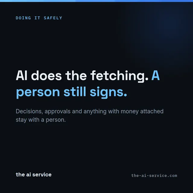 A square social card in the ai service&rsquo;s dark brand: AI does the fetching. A person still signs.